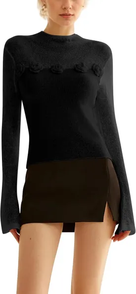 Women 3D Flower Panel Soft Knit Long Sleeve Mock Neck Sheer Mesh Solid Slim Sexy Tee Shirt Blouse Going Out Top