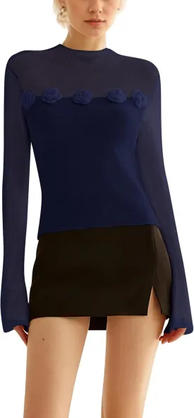 Women 3D Flower Panel Soft Knit Long Sleeve Mock Neck Sheer Mesh Solid Slim Sexy Tee Shirt Blouse Going Out Top