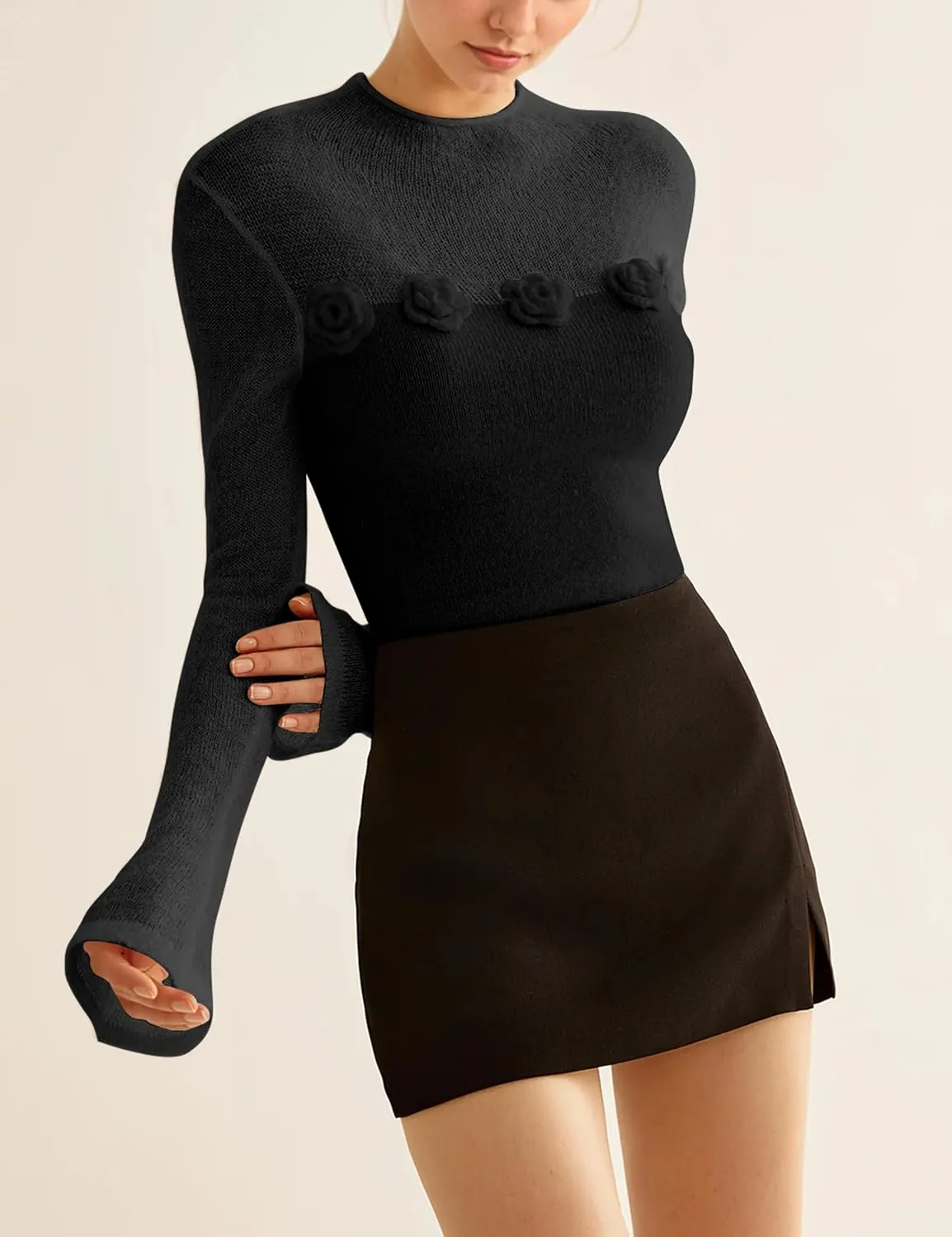 Women 3D Flower Panel Soft Knit Long Sleeve Mock Neck Sheer Mesh Solid Slim Sexy Tee Shirt Blouse Going Out Top