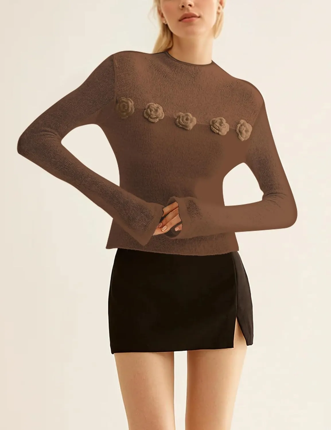 Women 3D Flower Panel Soft Knit Long Sleeve Mock Neck Sheer Mesh Solid Slim Sexy Tee Shirt Blouse Going Out Top