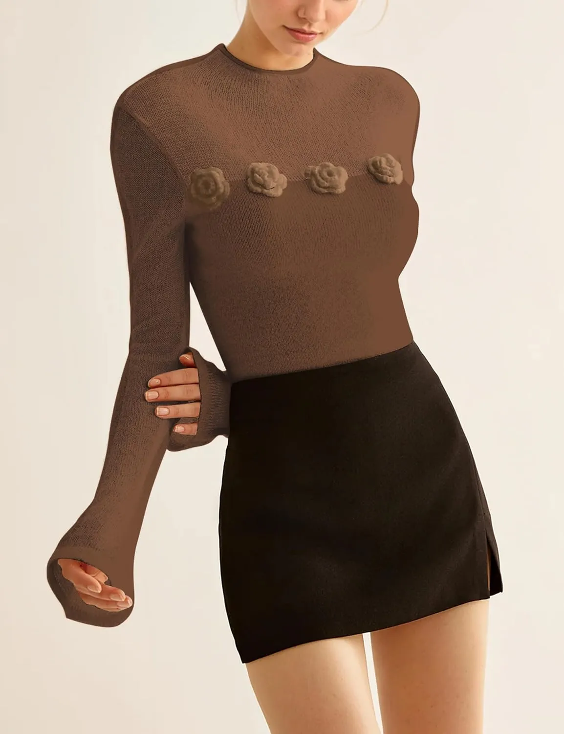 Women 3D Flower Panel Soft Knit Long Sleeve Mock Neck Sheer Mesh Solid Slim Sexy Tee Shirt Blouse Going Out Top