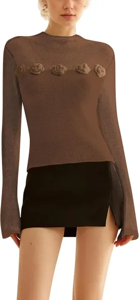 Women 3D Flower Panel Soft Knit Long Sleeve Mock Neck Sheer Mesh Solid Slim Sexy Tee Shirt Blouse Going Out Top