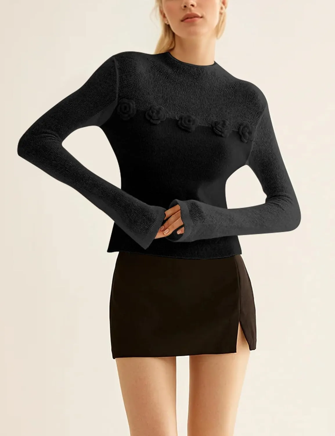 Women 3D Flower Panel Soft Knit Long Sleeve Mock Neck Sheer Mesh Solid Slim Sexy Tee Shirt Blouse Going Out Top