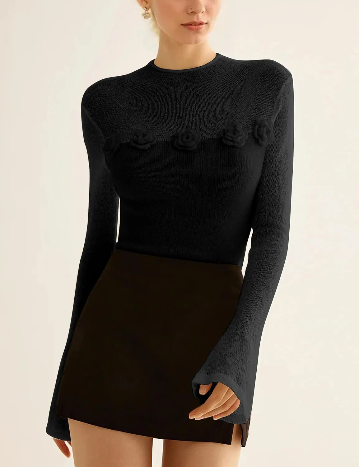 Women 3D Flower Panel Soft Knit Long Sleeve Mock Neck Sheer Mesh Solid Slim Sexy Tee Shirt Blouse Going Out Top