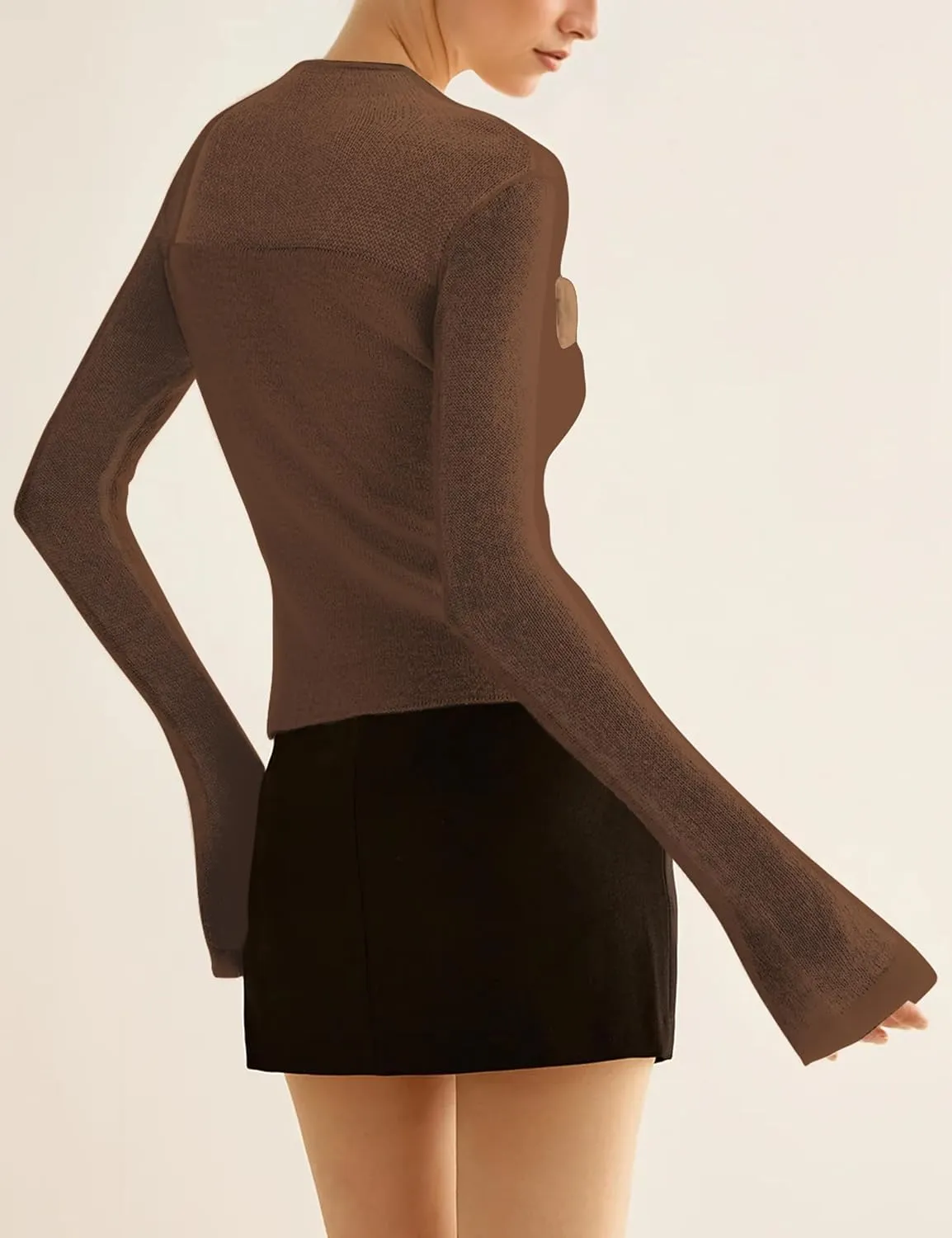 Women 3D Flower Panel Soft Knit Long Sleeve Mock Neck Sheer Mesh Solid Slim Sexy Tee Shirt Blouse Going Out Top