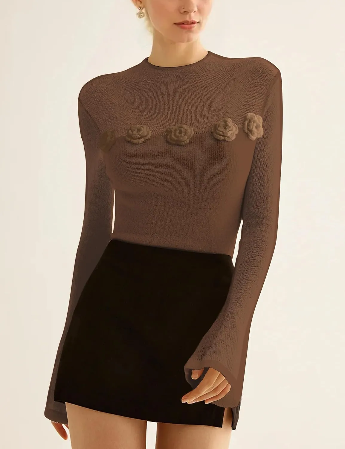 Women 3D Flower Panel Soft Knit Long Sleeve Mock Neck Sheer Mesh Solid Slim Sexy Tee Shirt Blouse Going Out Top