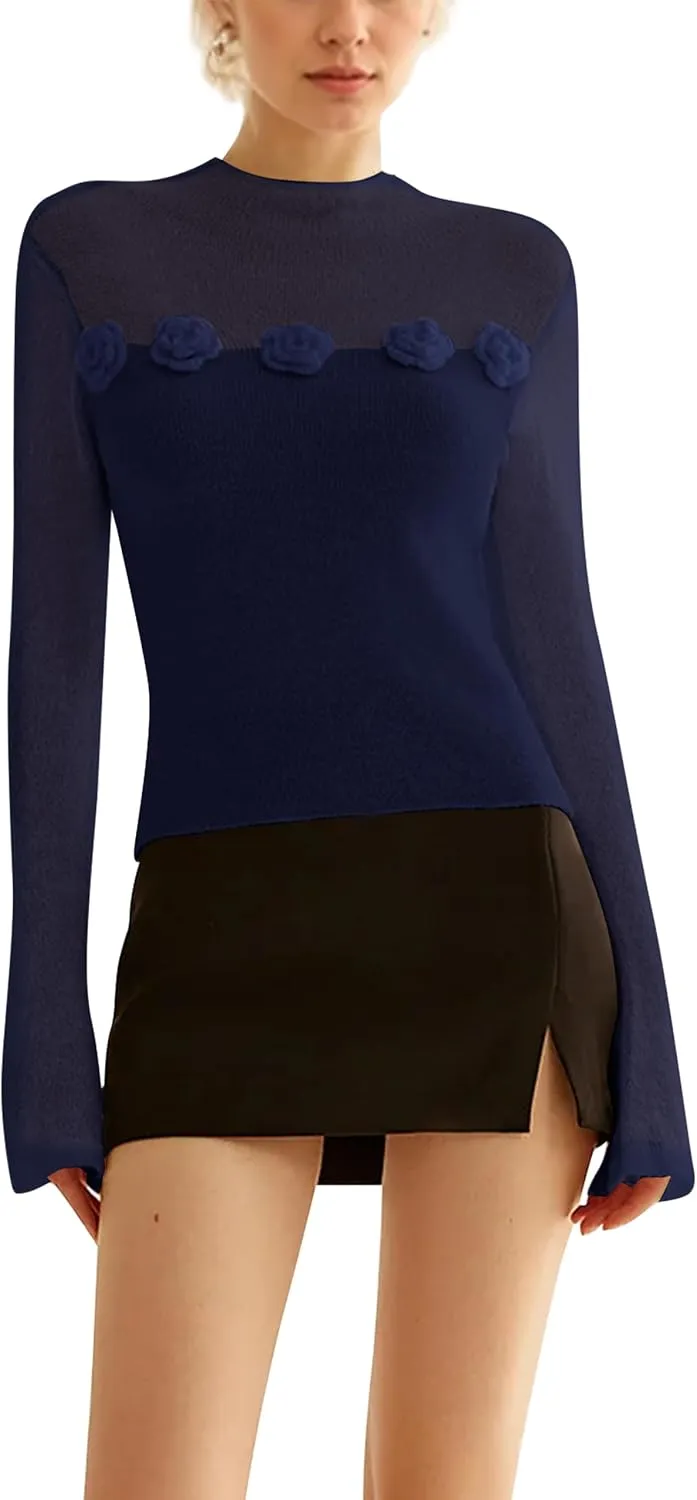 Women 3D Flower Panel Soft Knit Long Sleeve Mock Neck Sheer Mesh Solid Slim Sexy Tee Shirt Blouse Going Out Top
