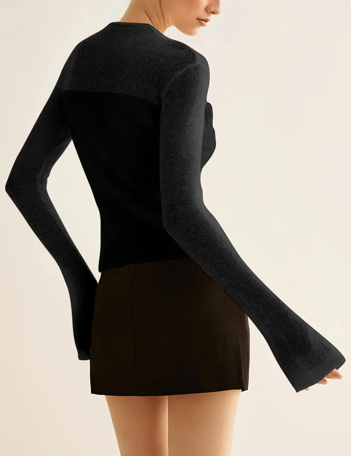 Women 3D Flower Panel Soft Knit Long Sleeve Mock Neck Sheer Mesh Solid Slim Sexy Tee Shirt Blouse Going Out Top