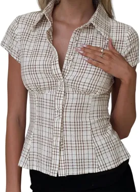 Women Y2k Short Sleeve Button Up Shirt Lapel Collar V Neck Plaid Open Front Blouse Basic Casual Going Out T-Shirt