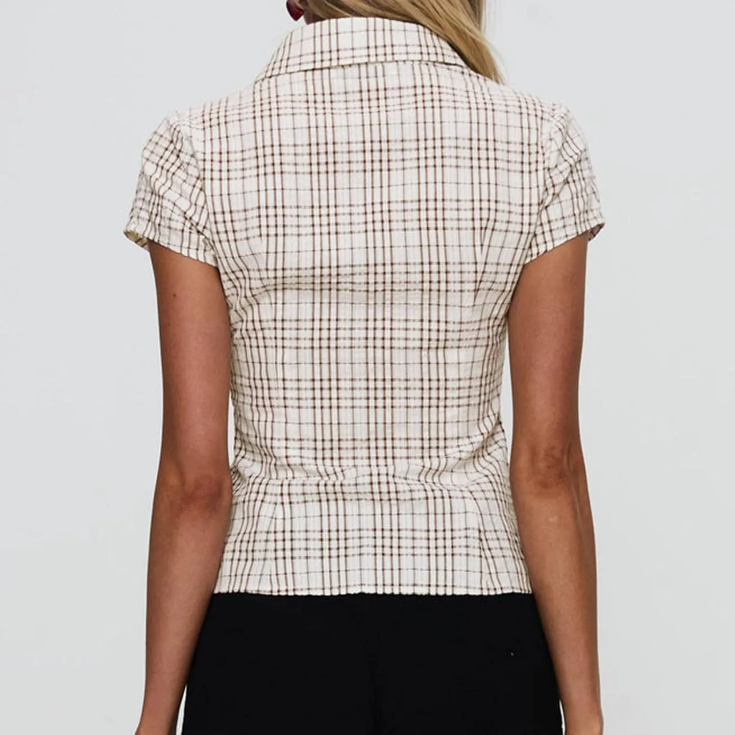 Women Y2k Short Sleeve Button Up Shirt Lapel Collar V Neck Plaid Open Front Blouse Basic Casual Going Out T-Shirt