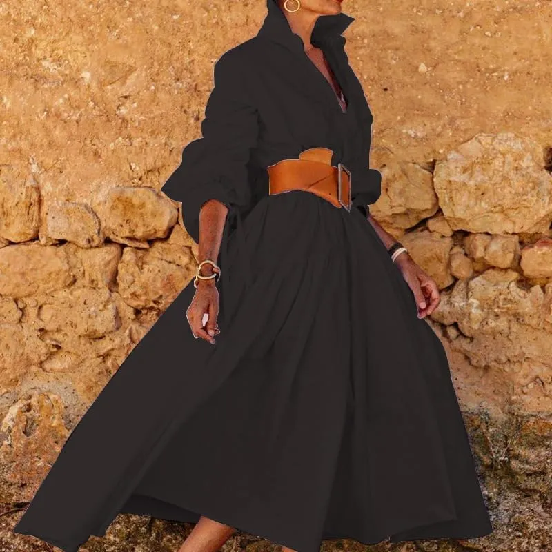 Womens Button Down Maxi Shirt Dress V Neck Long Sleeve Kaftan Dress Casual Lapel Belted High Waist Long Dresses
