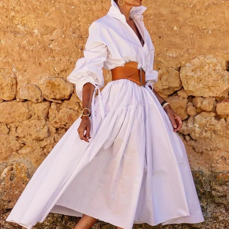 Womens Button Down Maxi Shirt Dress V Neck Long Sleeve Kaftan Dress Casual Lapel Belted High Waist Long Dresses