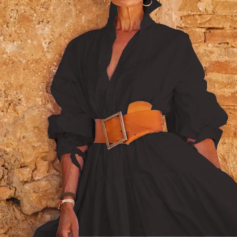 Womens Button Down Maxi Shirt Dress V Neck Long Sleeve Kaftan Dress Casual Lapel Belted High Waist Long Dresses