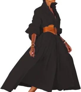 Womens Button Down Maxi Shirt Dress V Neck Long Sleeve Kaftan Dress Casual Lapel Belted High Waist Long Dresses