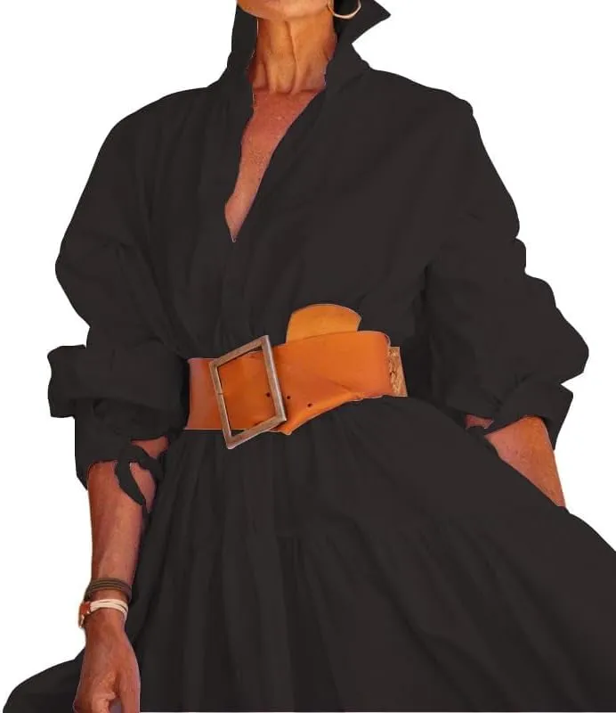 Womens Button Down Maxi Shirt Dress V Neck Long Sleeve Kaftan Dress Casual Lapel Belted High Waist Long Dresses