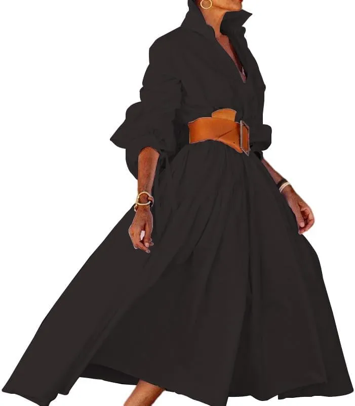 Womens Button Down Maxi Shirt Dress V Neck Long Sleeve Kaftan Dress Casual Lapel Belted High Waist Long Dresses