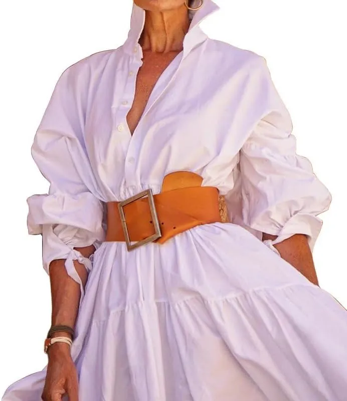 Womens Button Down Maxi Shirt Dress V Neck Long Sleeve Kaftan Dress Casual Lapel Belted High Waist Long Dresses