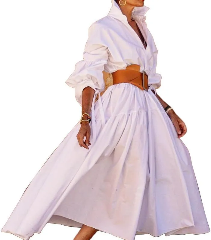 Womens Button Down Maxi Shirt Dress V Neck Long Sleeve Kaftan Dress Casual Lapel Belted High Waist Long Dresses