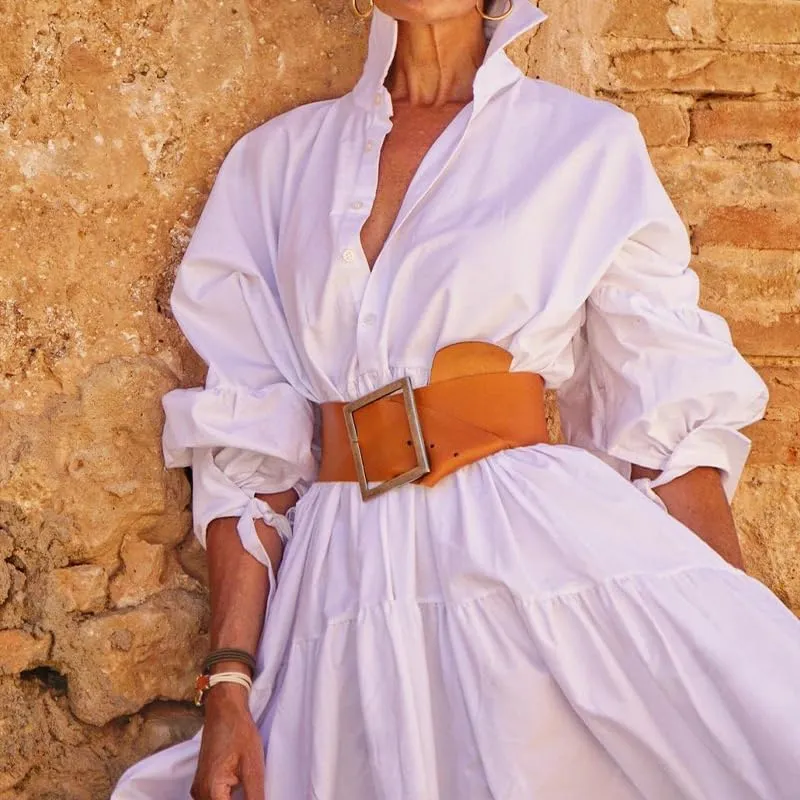 Womens Button Down Maxi Shirt Dress V Neck Long Sleeve Kaftan Dress Casual Lapel Belted High Waist Long Dresses