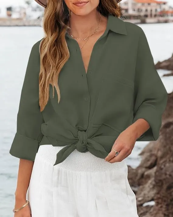 Womens Button Down Shirts Long Sleeve Wrinkle Free Work Office Button Up Dress Shirt with Pocket