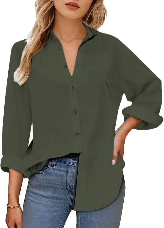 Womens Button Down Shirts Long Sleeve Wrinkle Free Work Office Button Up Dress Shirt with Pocket