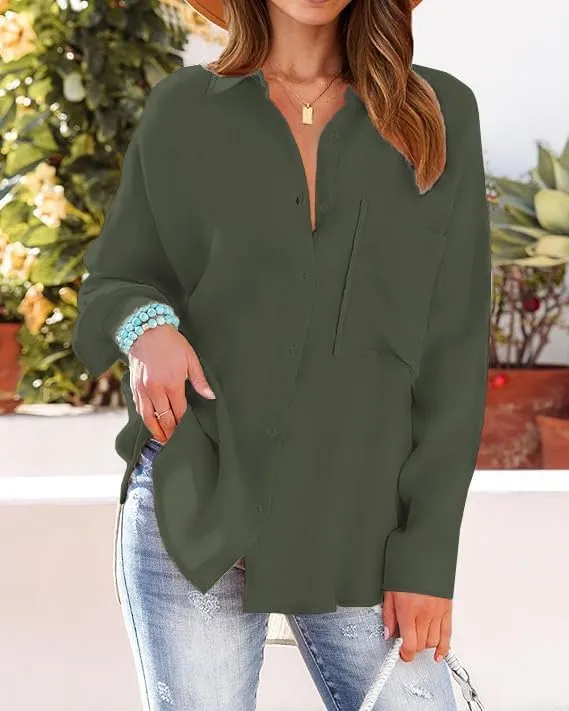Womens Button Down Shirts Long Sleeve Wrinkle Free Work Office Button Up Dress Shirt with Pocket