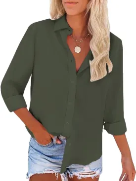 Womens Button Down Shirts Long Sleeve Wrinkle Free Work Office Button Up Dress Shirt with Pocket