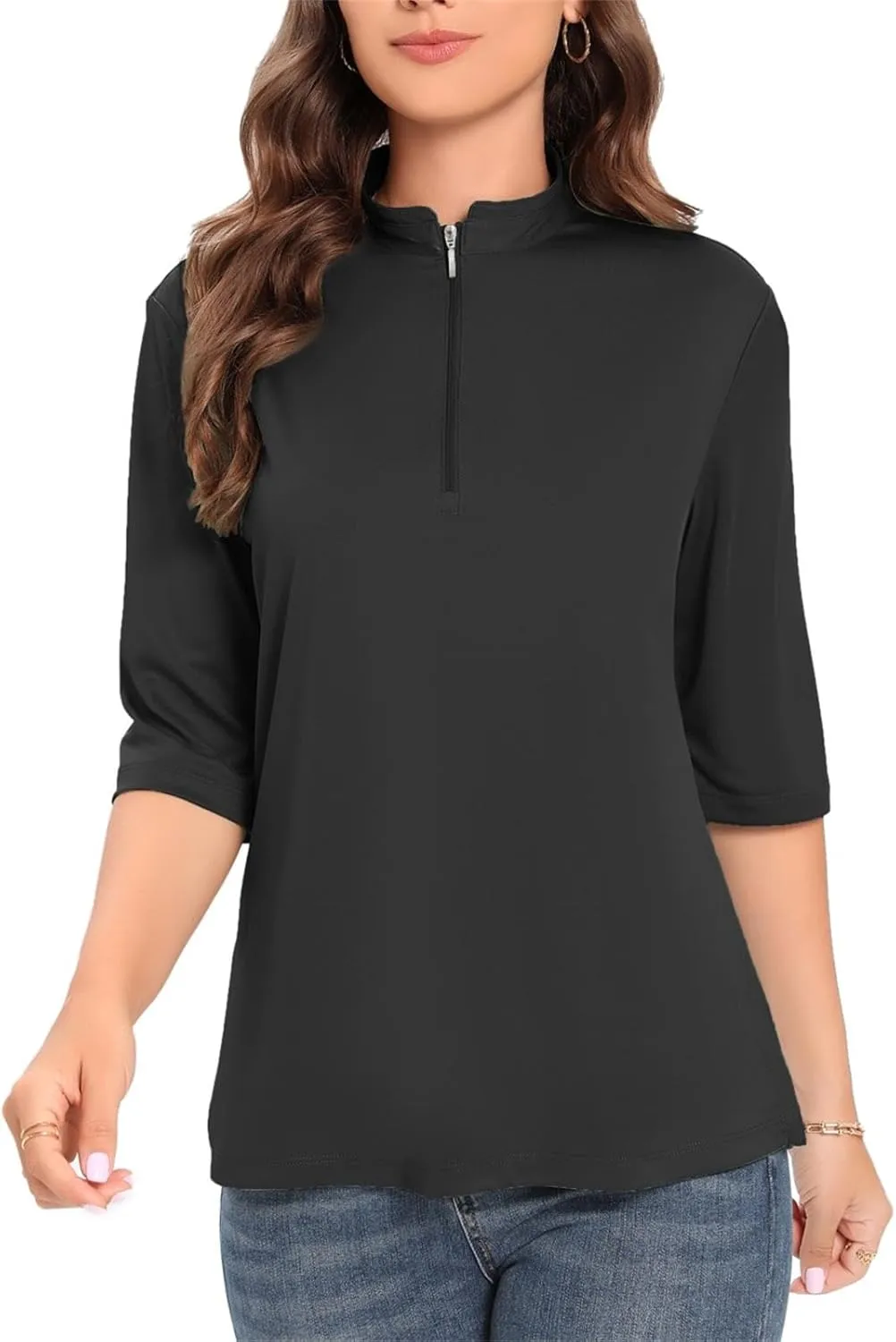 Womens Golf Shirt Quick Dry 3/4 Sleeve Tennis Tops UPF50  Collared Golf Polo Shirts for Women with Zipper