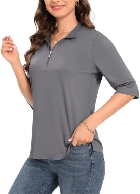 Womens Golf Shirt Quick Dry 3/4 Sleeve Tennis Tops UPF50  Collared Golf Polo Shirts for Women with Zipper