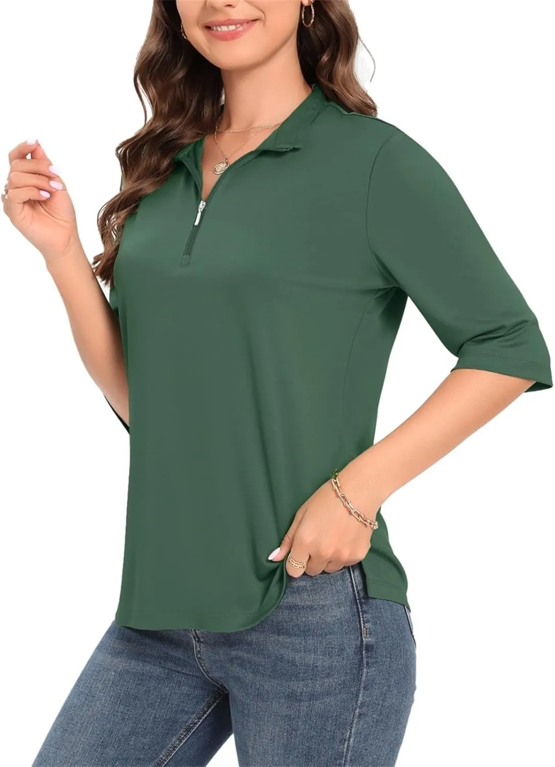 Womens Golf Shirt Quick Dry 3/4 Sleeve Tennis Tops UPF50  Collared Golf Polo Shirts for Women with Zipper