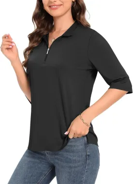 Womens Golf Shirt Quick Dry 3/4 Sleeve Tennis Tops UPF50  Collared Golf Polo Shirts for Women with Zipper