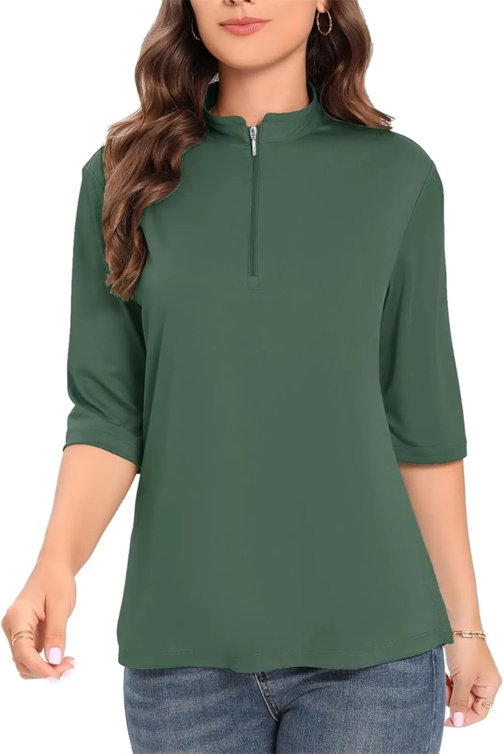 Womens Golf Shirt Quick Dry 3/4 Sleeve Tennis Tops UPF50  Collared Golf Polo Shirts for Women with Zipper