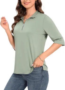 Womens Golf Shirt Quick Dry 3/4 Sleeve Tennis Tops UPF50  Collared Golf Polo Shirts for Women with Zipper