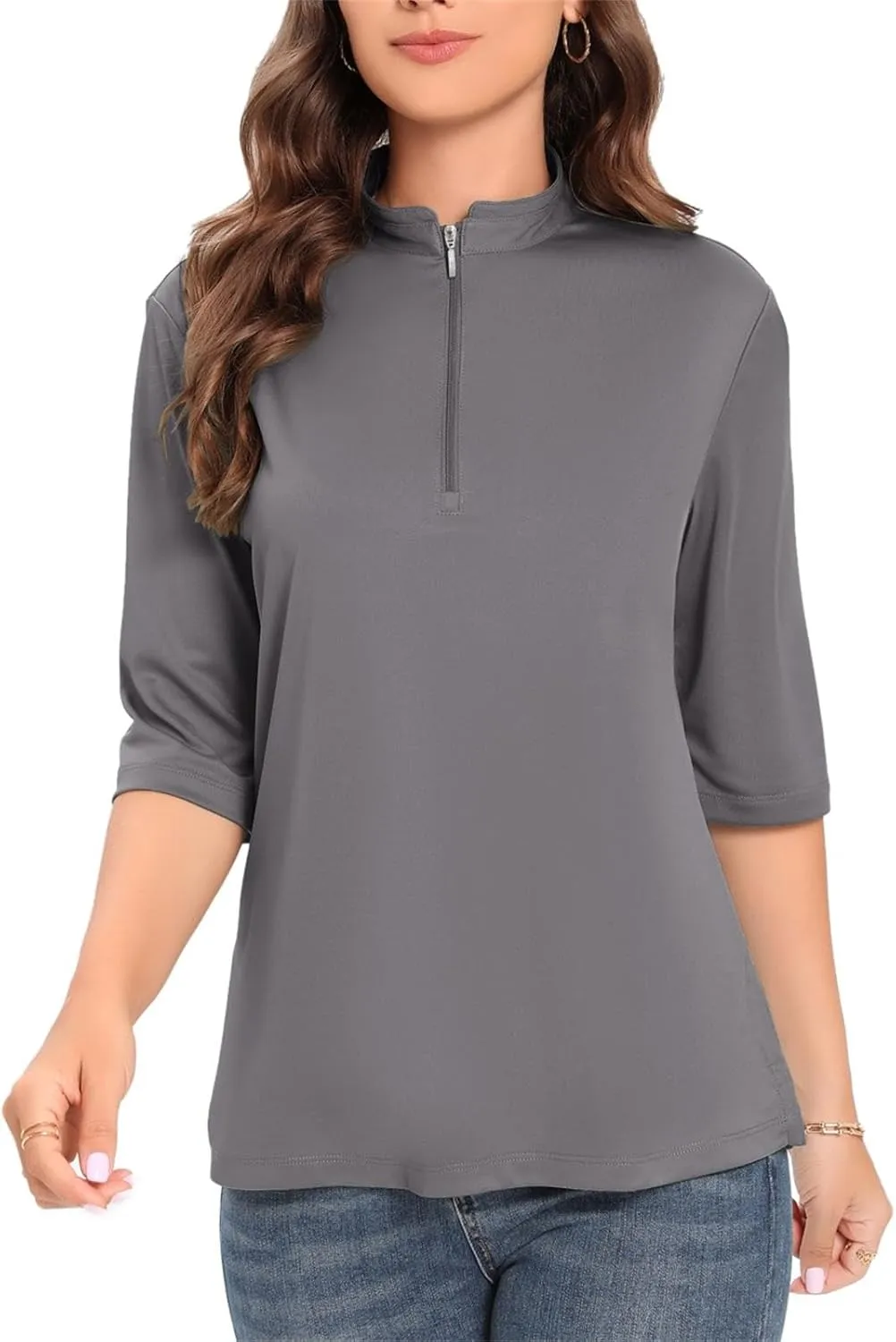 Womens Golf Shirt Quick Dry 3/4 Sleeve Tennis Tops UPF50  Collared Golf Polo Shirts for Women with Zipper