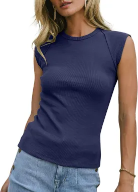 Womens Ribbed Tank Tops Cap Sleeve Slim Fitted Knit Basic Tee Shirts Trendy Casual 2025 Summer Clothes