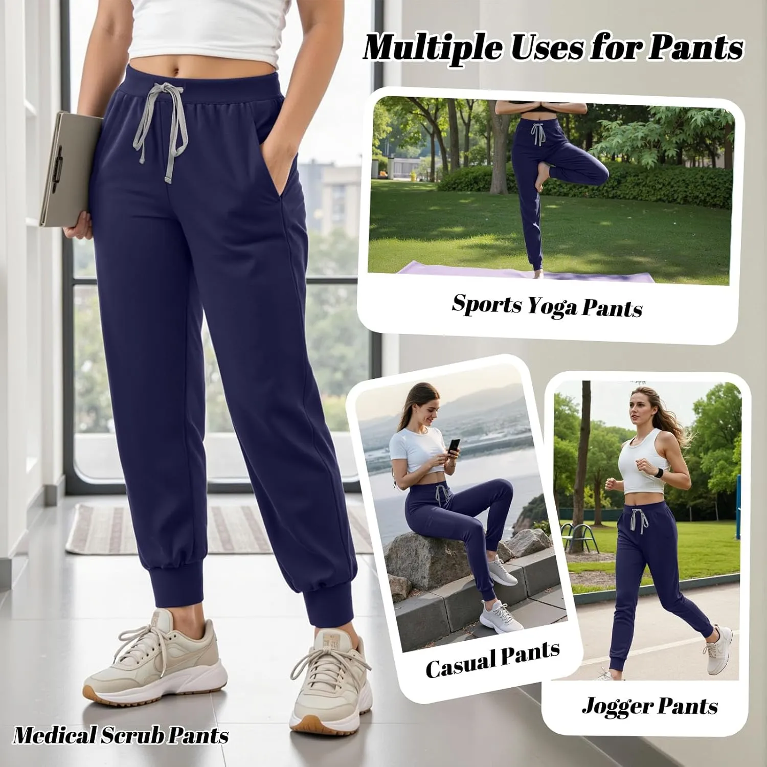 Women's Scrub Pants, Lightweight Soft Stretch Yoga Jogger with Elastic Drawstring Waistband, Mid-Rise Slim Fit Cargo Pants