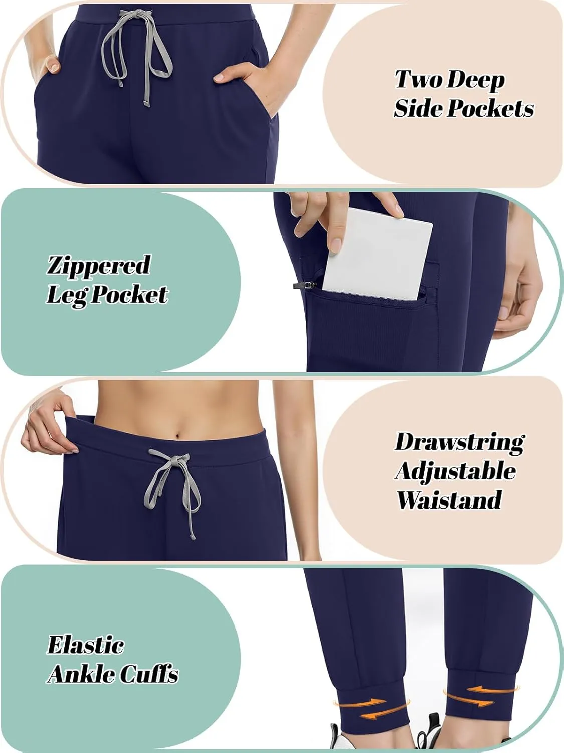 Women's Scrub Pants, Lightweight Soft Stretch Yoga Jogger with Elastic Drawstring Waistband, Mid-Rise Slim Fit Cargo Pants
