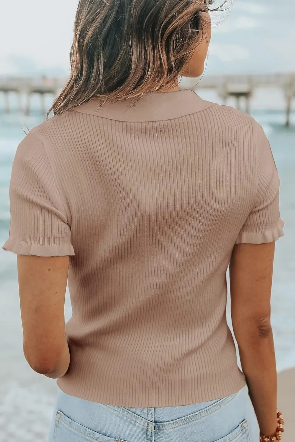 Womens Short Sleeve Sweater Tops V Neck Button Collared Ribbed Knit Pullover Shirt Slim Cropped Fall Blouse Tee