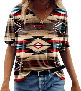 Women's Western Ethnic V-Neck Short Sleeve T-Shirt, Retro Aztec Ethnic Geometric Argyle Pattern Summer Casual T-Shirt