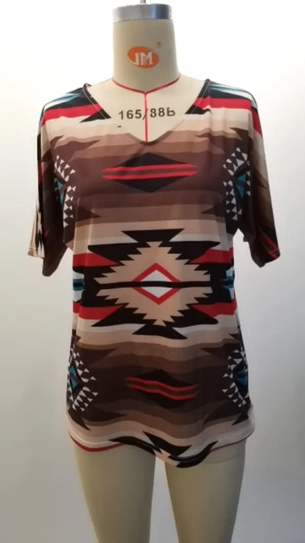 Women's Western Ethnic V-Neck Short Sleeve T-Shirt, Retro Aztec Ethnic Geometric Argyle Pattern Summer Casual T-Shirt