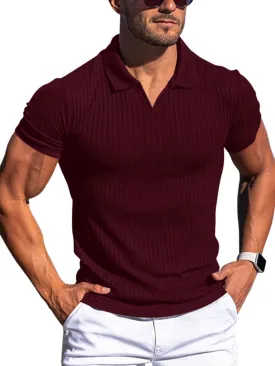 YKR Men's Muscle V Neck Polo Shirts Slim Fit Short Sleeve Golf Shirts Ribbed Knit Soft Stretch T Shirt