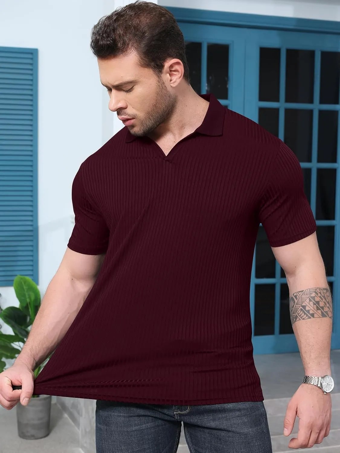 YKR Men's Muscle V Neck Polo Shirts Slim Fit Short Sleeve Golf Shirts Ribbed Knit Soft Stretch T Shirt
