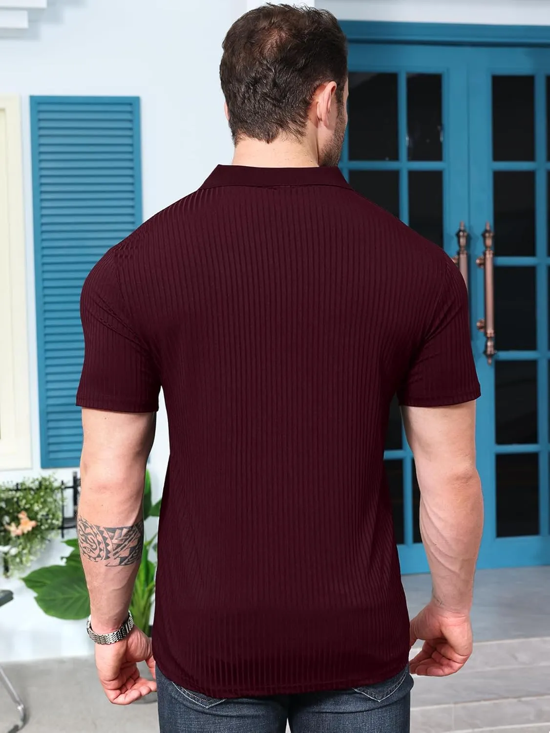 YKR Men's Muscle V Neck Polo Shirts Slim Fit Short Sleeve Golf Shirts Ribbed Knit Soft Stretch T Shirt