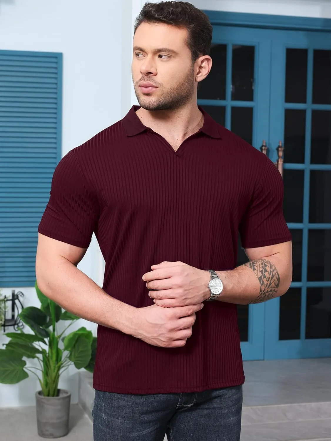 YKR Men's Muscle V Neck Polo Shirts Slim Fit Short Sleeve Golf Shirts Ribbed Knit Soft Stretch T Shirt