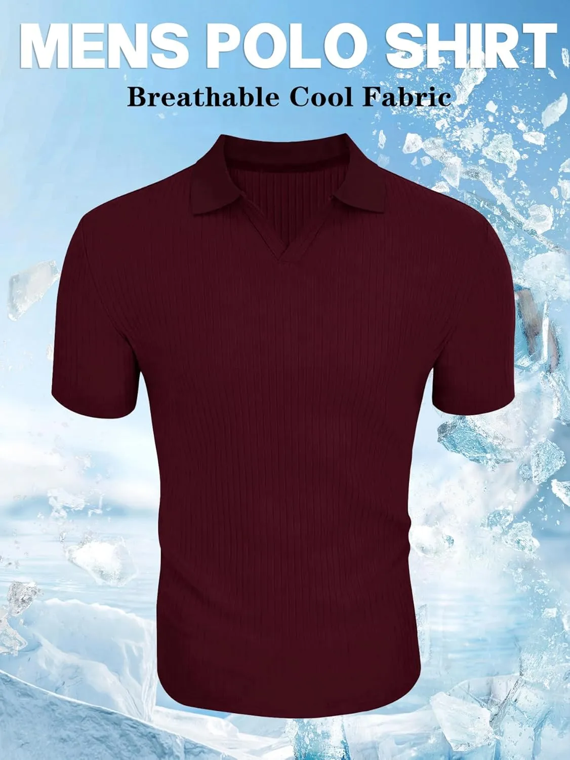 YKR Men's Muscle V Neck Polo Shirts Slim Fit Short Sleeve Golf Shirts Ribbed Knit Soft Stretch T Shirt