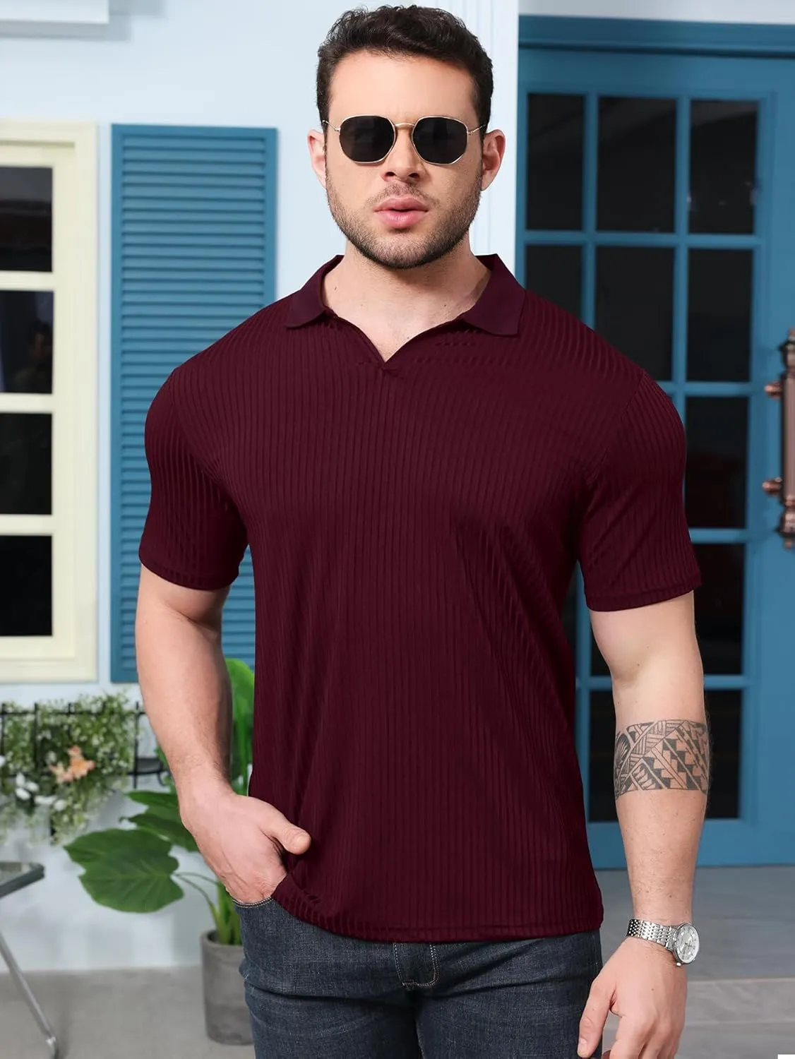 YKR Men's Muscle V Neck Polo Shirts Slim Fit Short Sleeve Golf Shirts Ribbed Knit Soft Stretch T Shirt