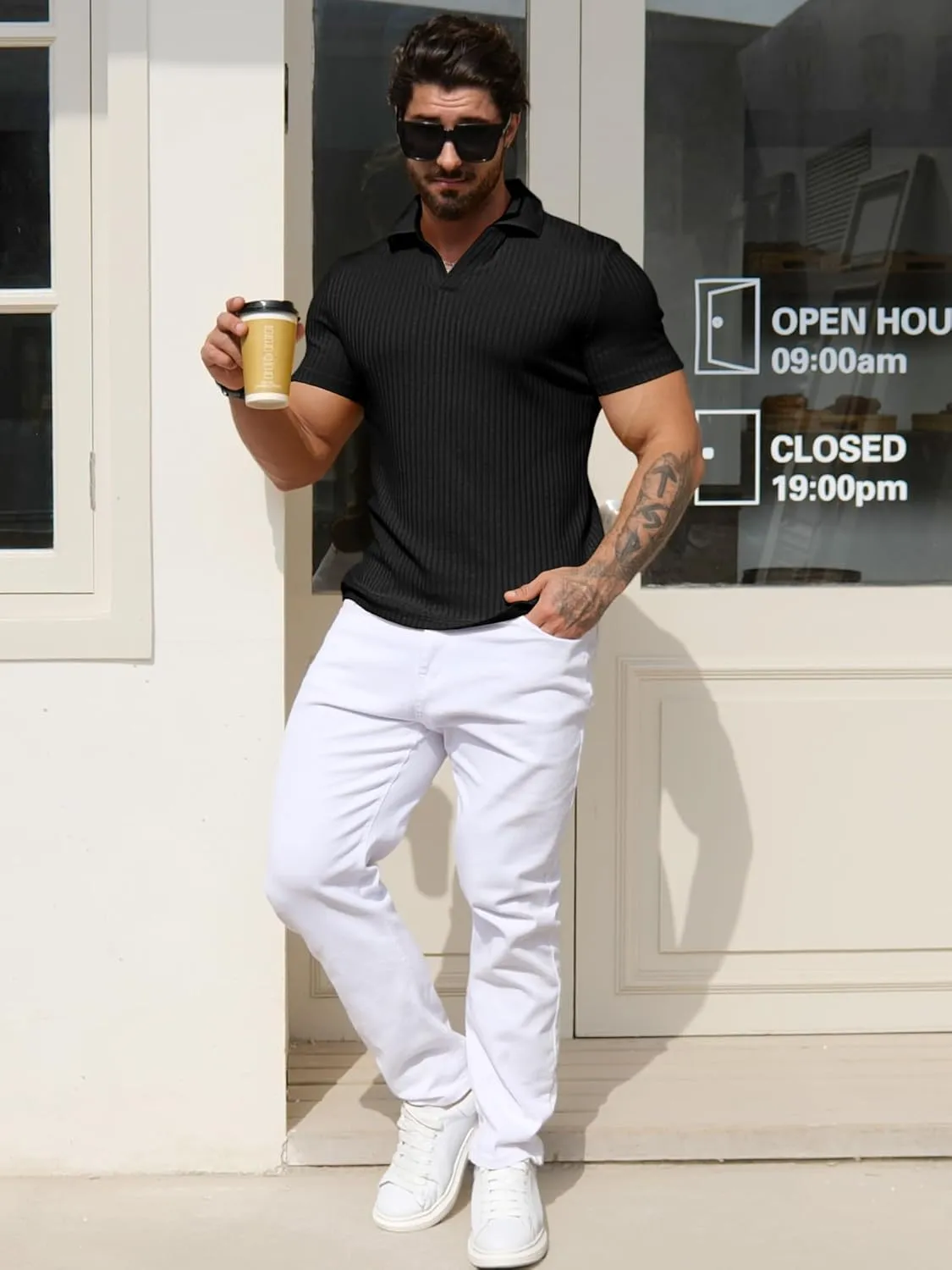 YTD Men's Muscle V Neck Polo Shirts Slim Fit Solid Short Sleeve Golf T-Shirts Ribbed Knit Soft Tees