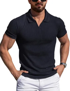 YTD Men's Muscle V Neck Polo Shirts Slim Fit Solid Short Sleeve Golf T-Shirts Ribbed Knit Soft Tees