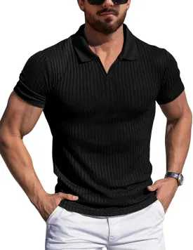 YTD Men's Muscle V Neck Polo Shirts Slim Fit Solid Short Sleeve Golf T-Shirts Ribbed Knit Soft Tees