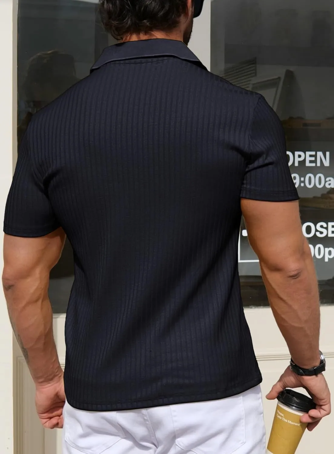 YTD Men's Muscle V Neck Polo Shirts Slim Fit Solid Short Sleeve Golf T-Shirts Ribbed Knit Soft Tees